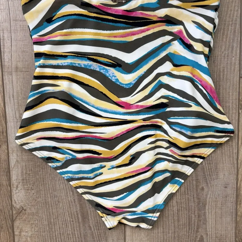 DKNY Women Ruffle One Piece Swimsuit Size 12 Colorful Ruched Tummy Control Artsy - Picture 6 of 16